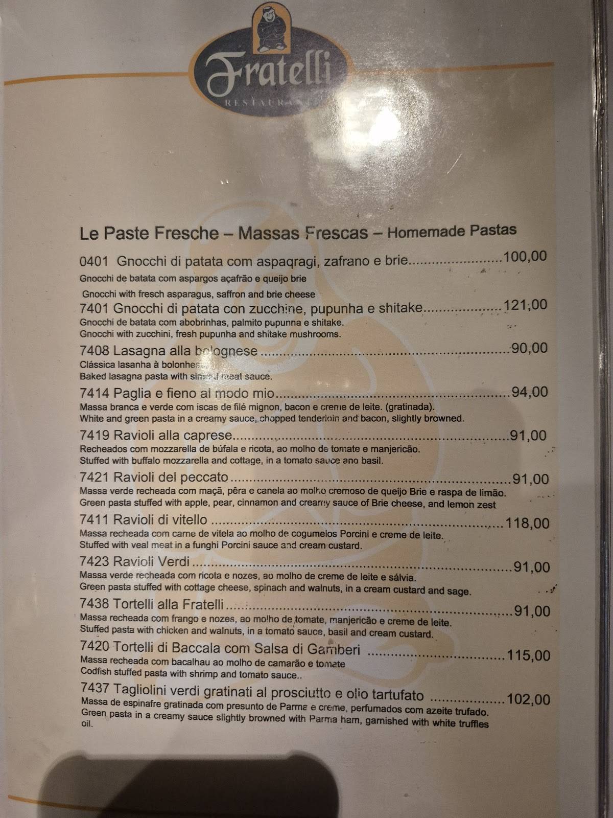 Fratelli cardápio