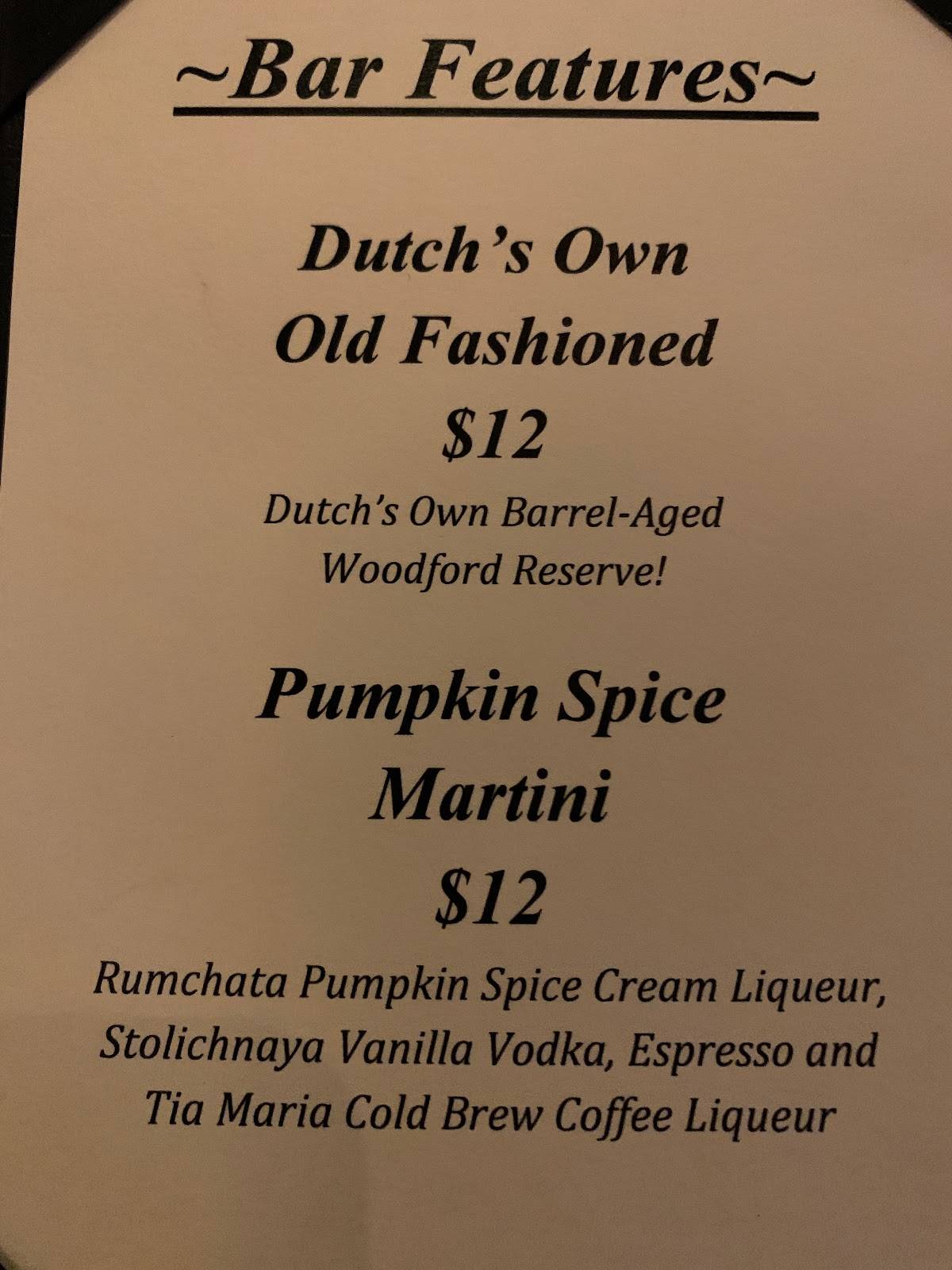 Menu at Dutch's Daughter steakhouse, Frederick, 581 Himes Ave