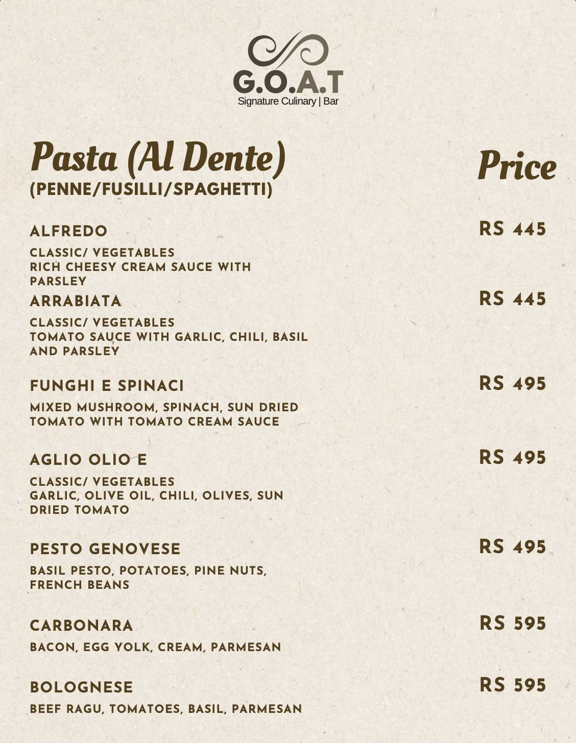 GOAT Signature Culinary menu