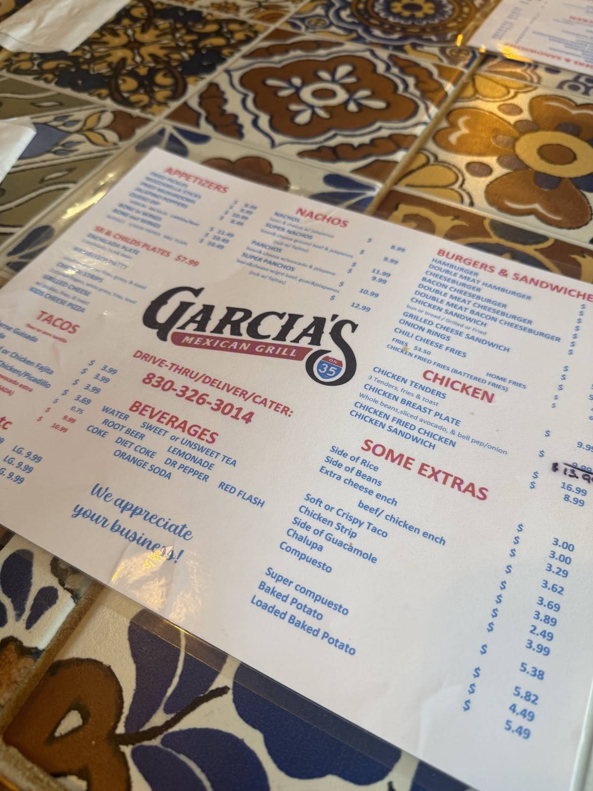 Menu at Garcia’s On 35 Mexican Grill steakhouse, Dilley