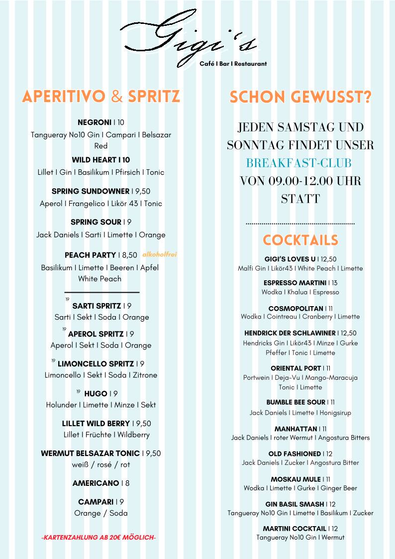 Menu de Gigi's - Café I Bar I Restaurant
