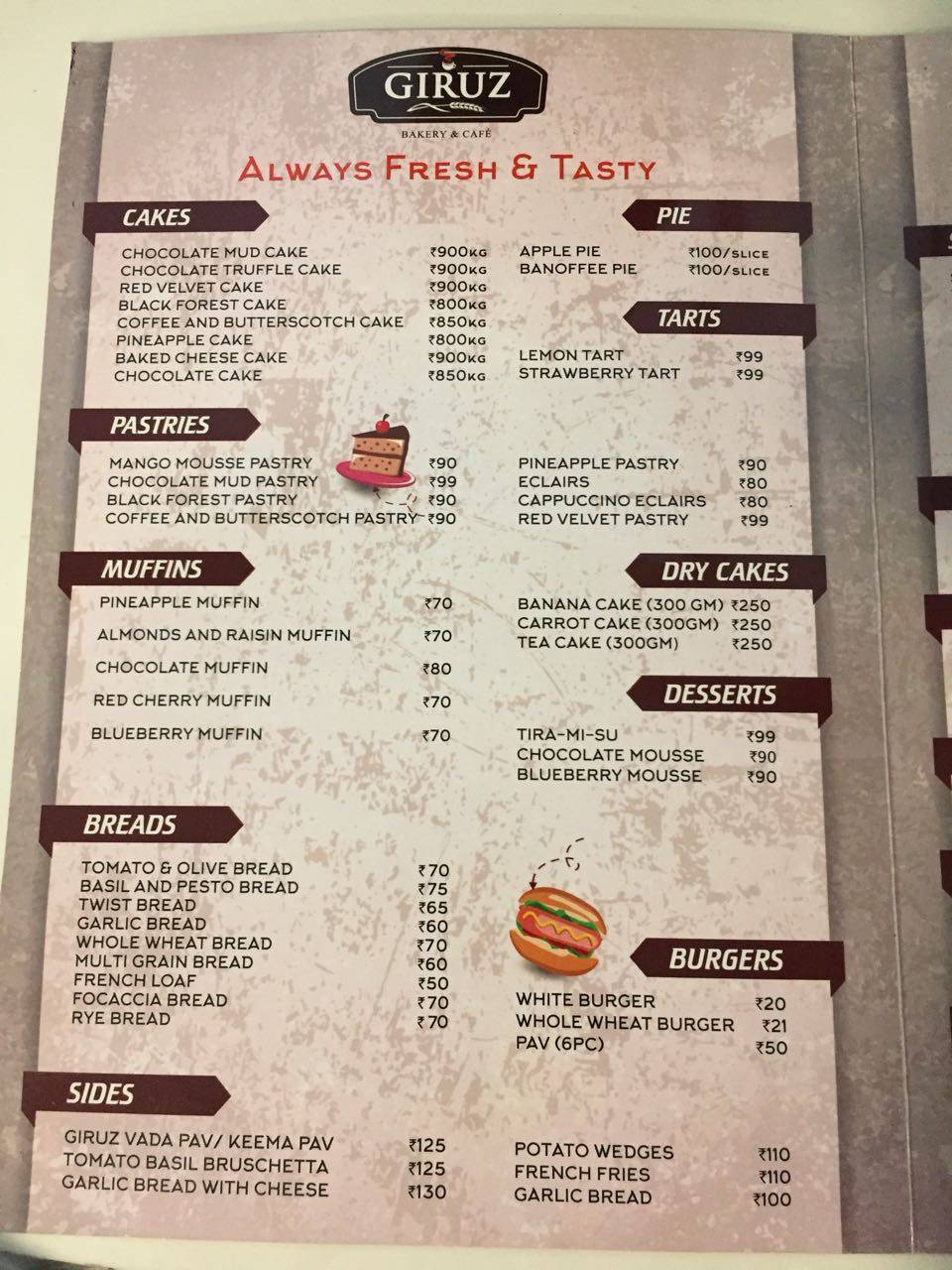 Giruz Bakery n cafe menu