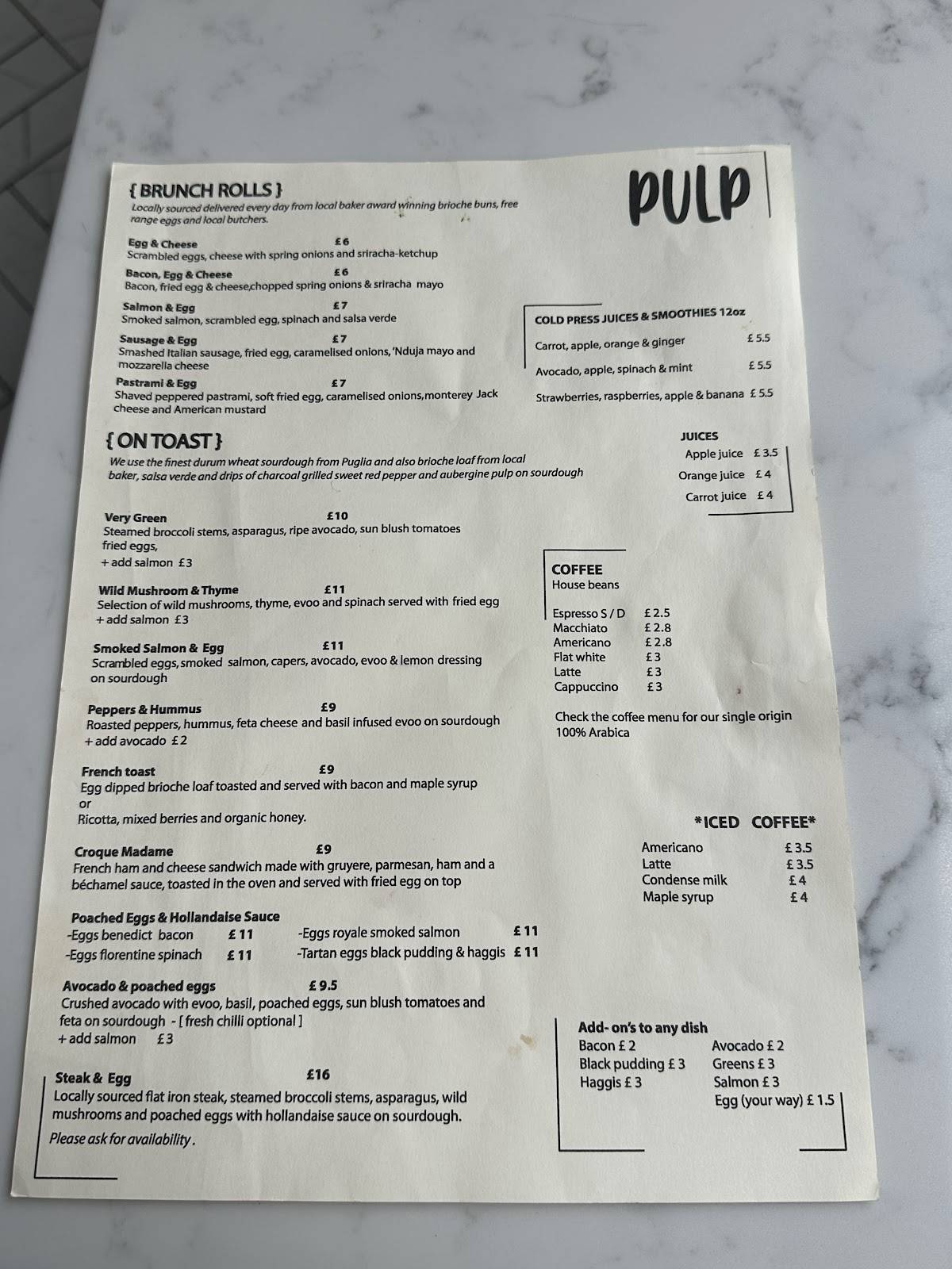 Menu at Pulp restaurant, Glasgow