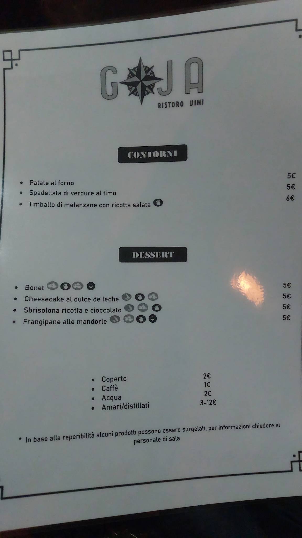 Menu di Goja Ristoro 