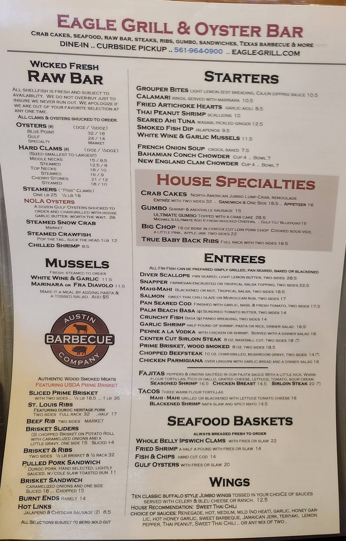 Menu at Eagle Grill & Oyster Bar, Greenacres