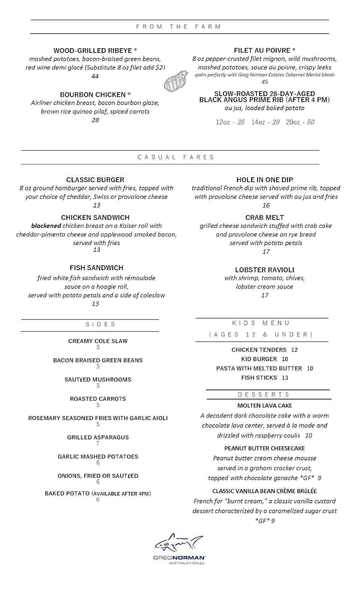 Menu at Greg Norman Australian Grille steakhouse, North Myrtle Beach