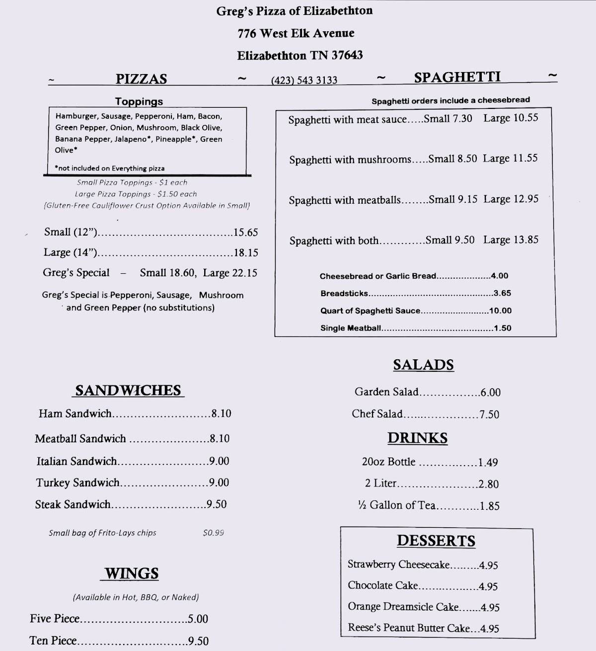 Menu at Greg's Pizza pizzeria, Elizabethton, 776 W Elk Ave