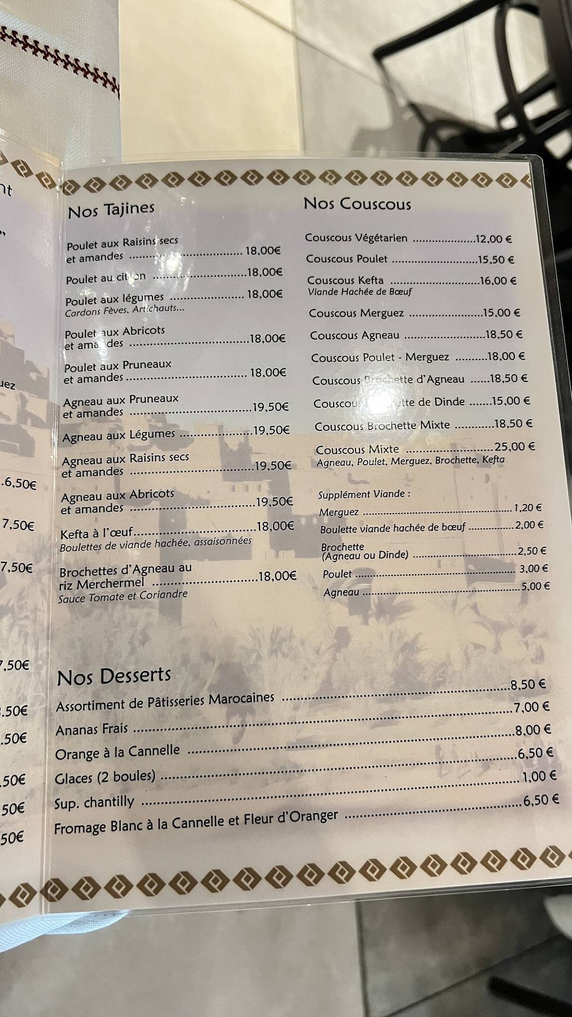 Menu de Restaurant Le Marrakech