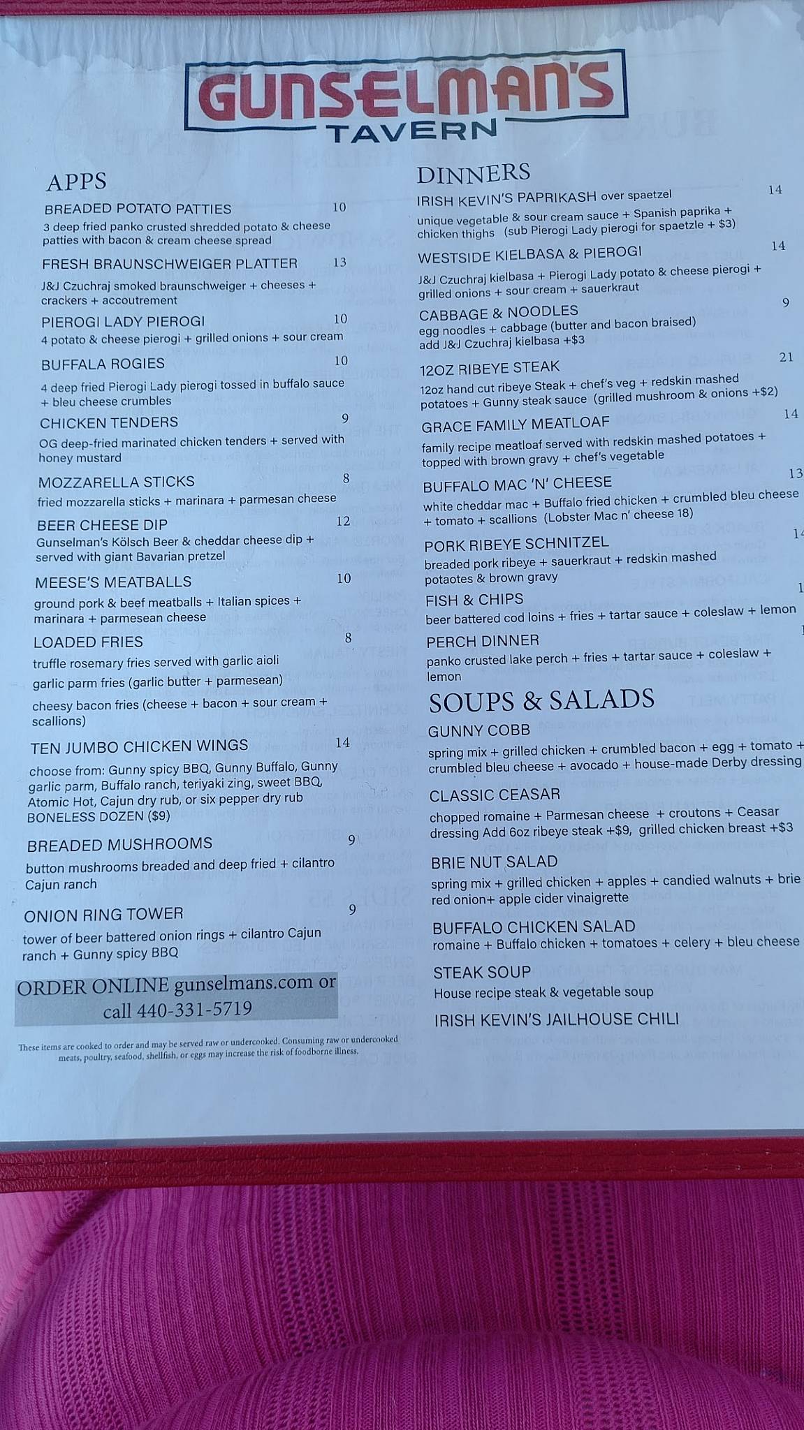 Menu at Gunselman's Tavern pub & bar, Fairview Park