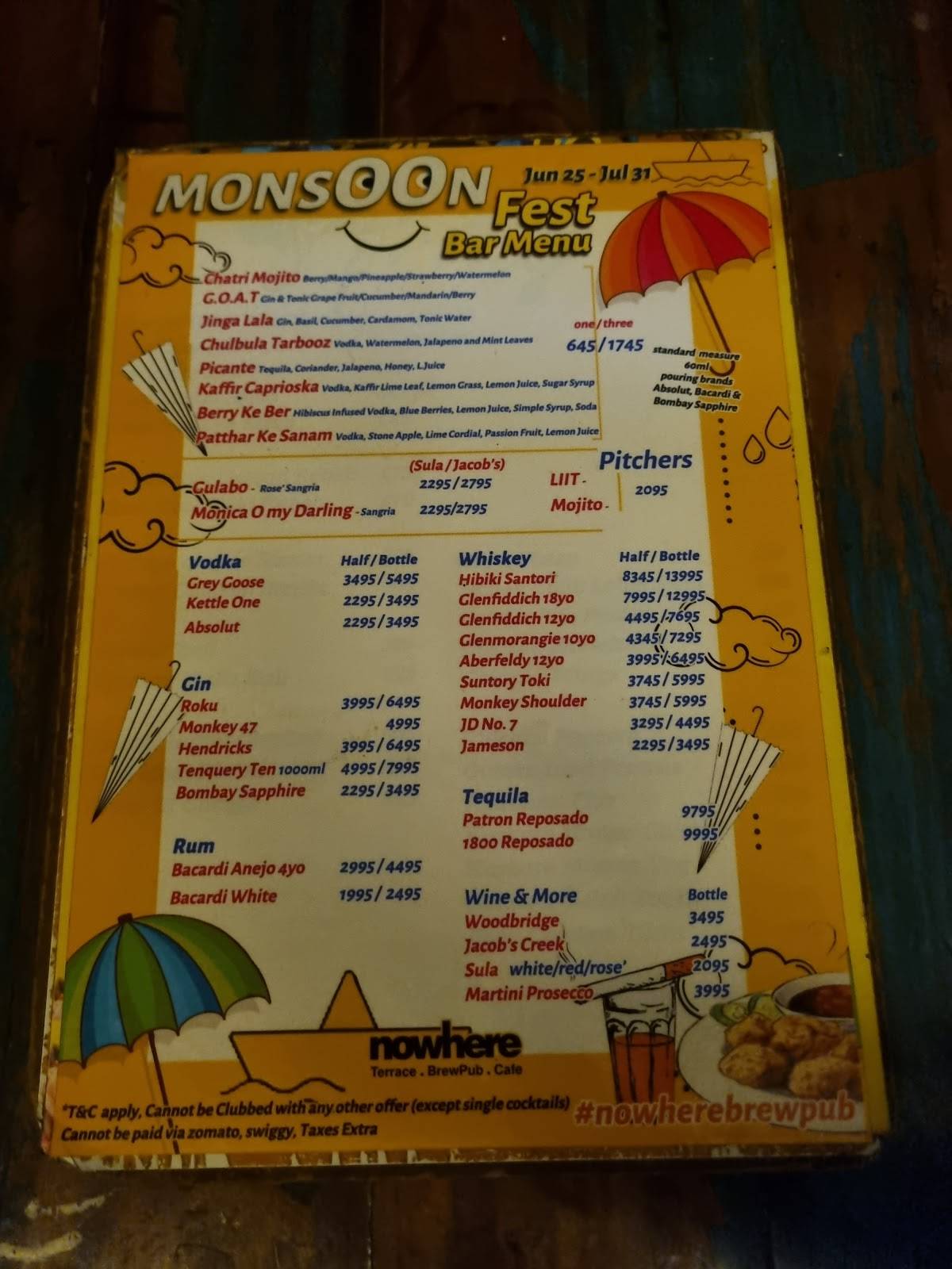 Nowhere Terrace BrewPub Cafe menu