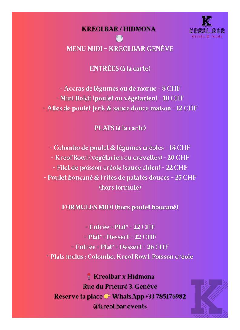 Menu di Authentic Eritrean by Hidmona (cuisine érythréenne authentique à Genève) 