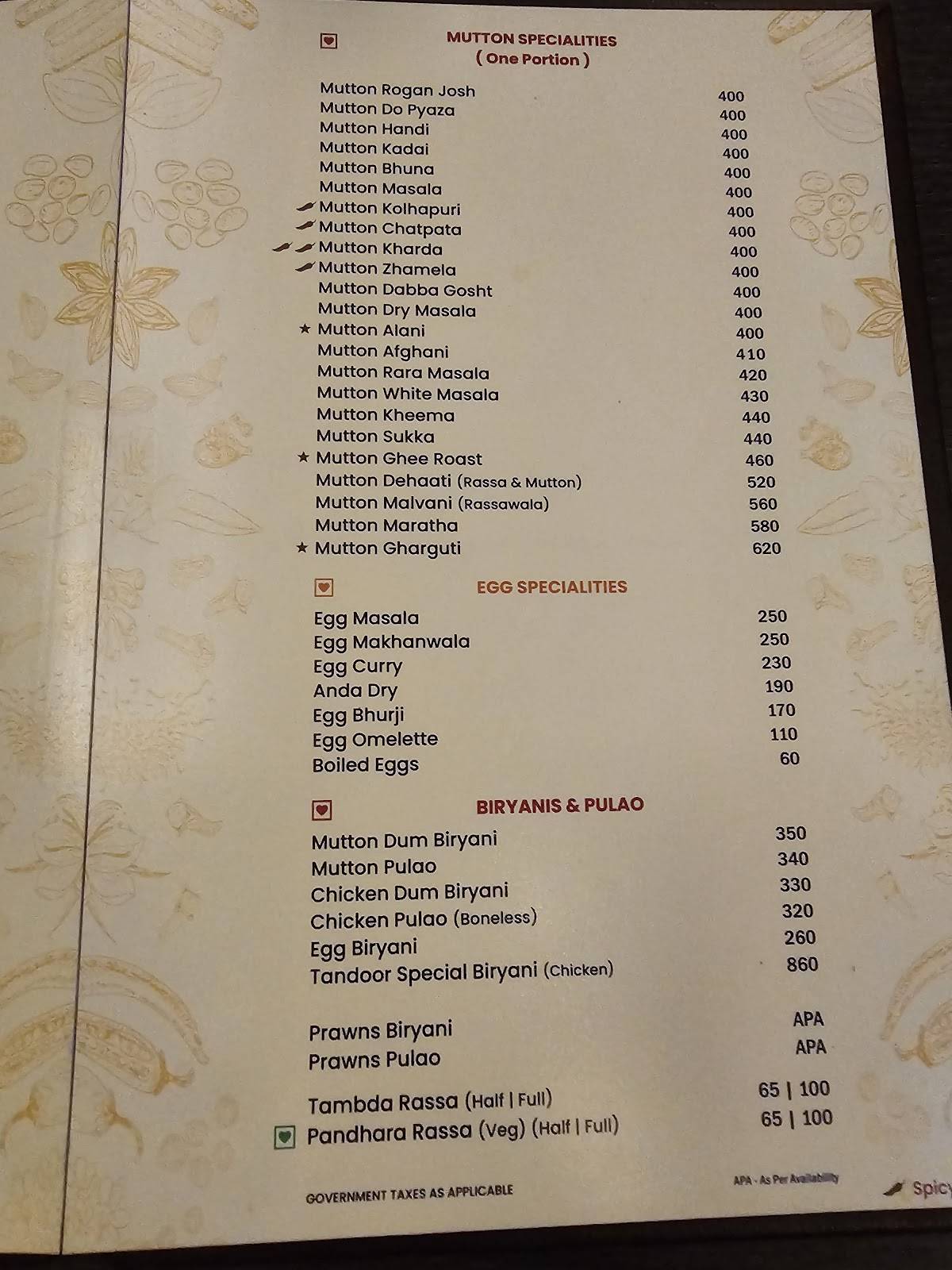 HOTEL TANDOOR menu