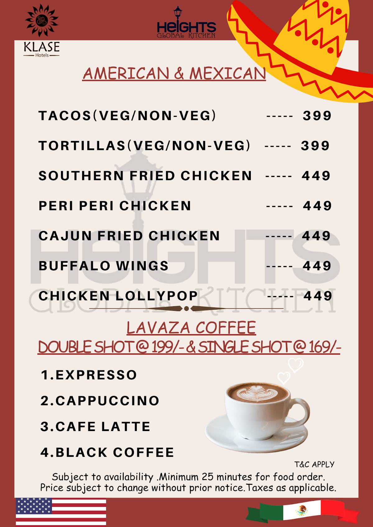 Heights Rooftop Restaurant menu