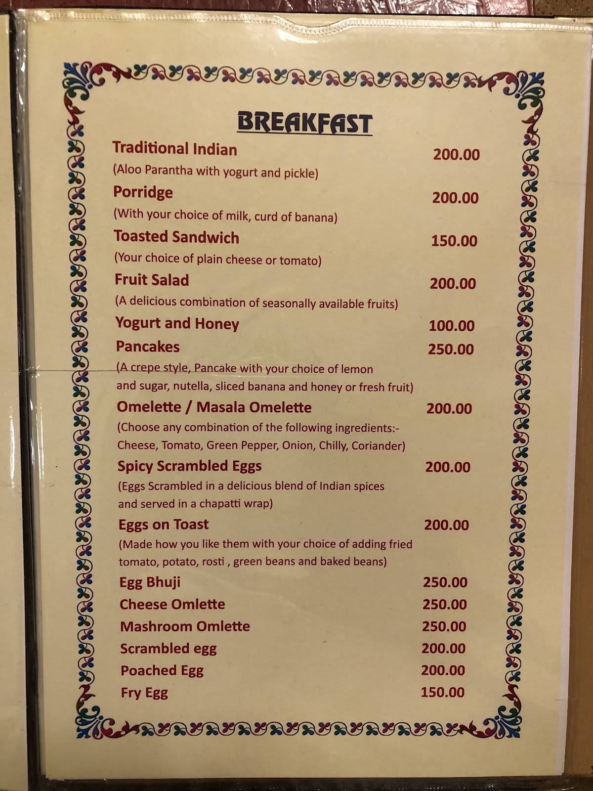 Heritage House Rooftop Restaurant menu