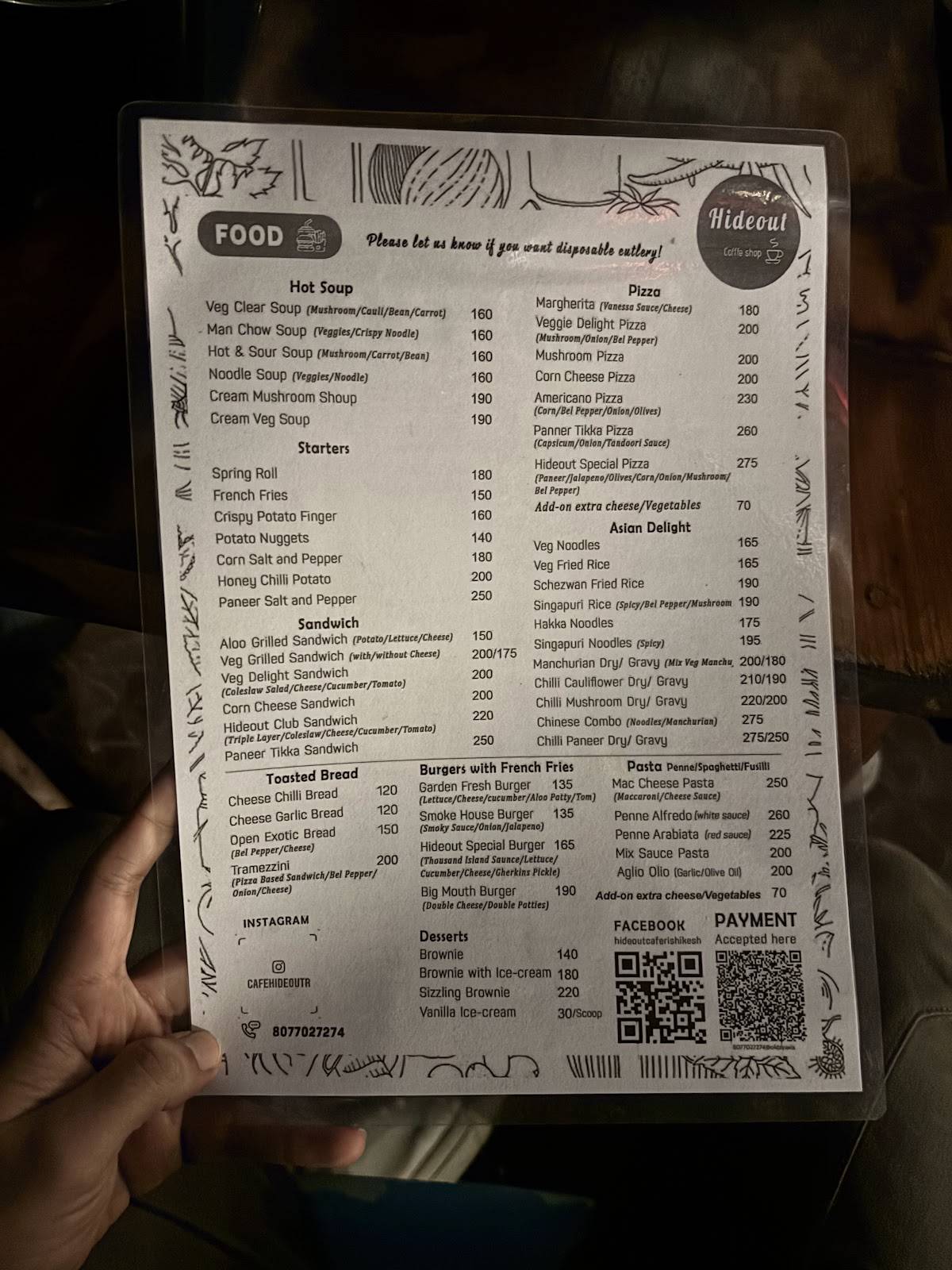 HideOut Cafe, Rishikesh menu