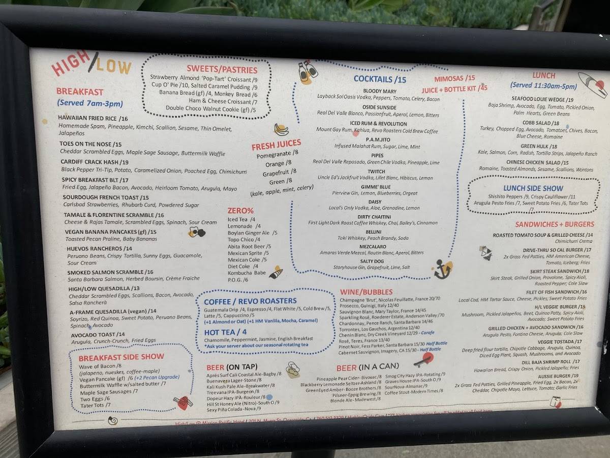 Menu at High/Low restaurant, Oceanside