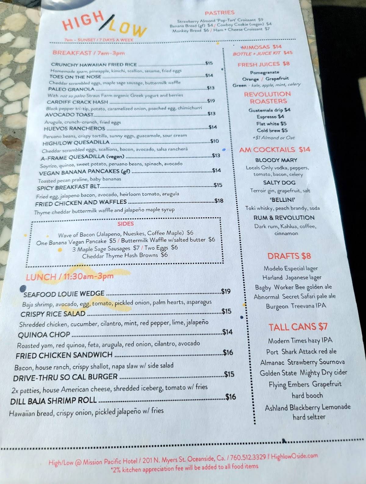 Menu at High/Low restaurant, Oceanside