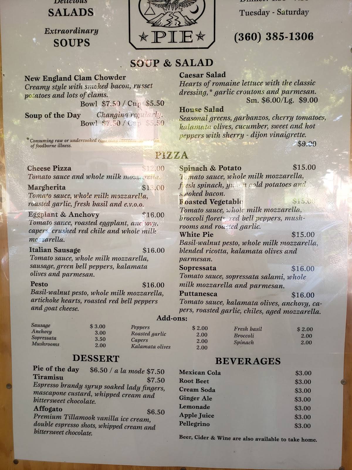 Menu at Hillbottom Pie pizzeria, Port Townsend