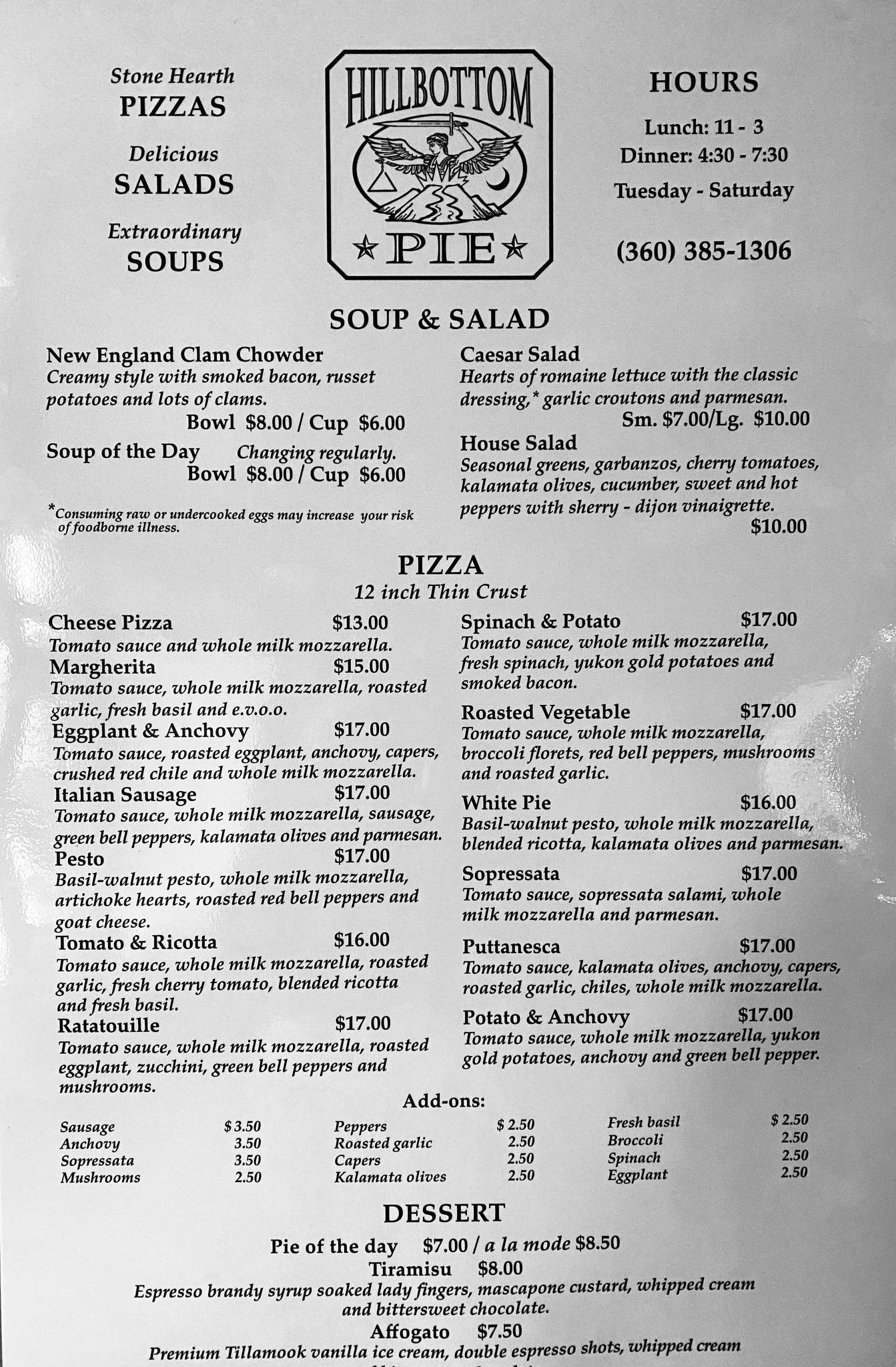 Menu at Hillbottom Pie pizzeria, Port Townsend
