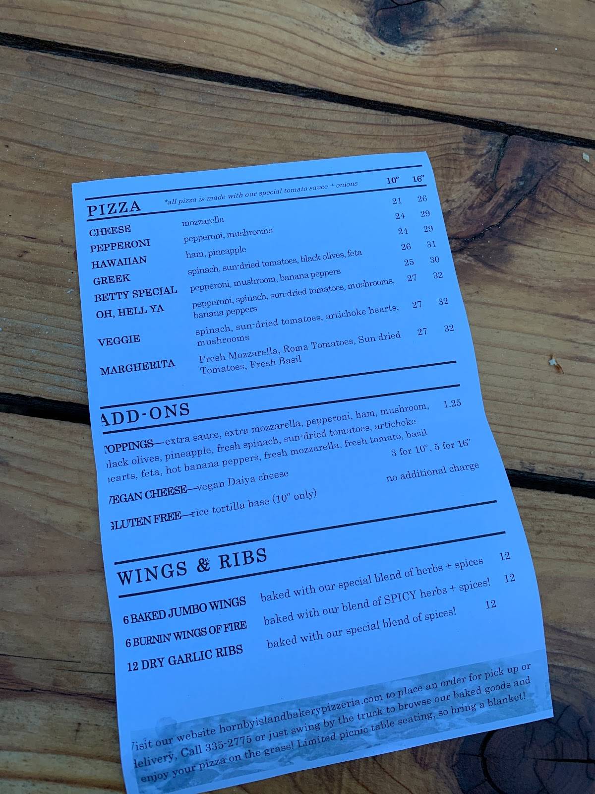 Menu at Hornby Island Bakery & Pizzeria, Hornby Island
