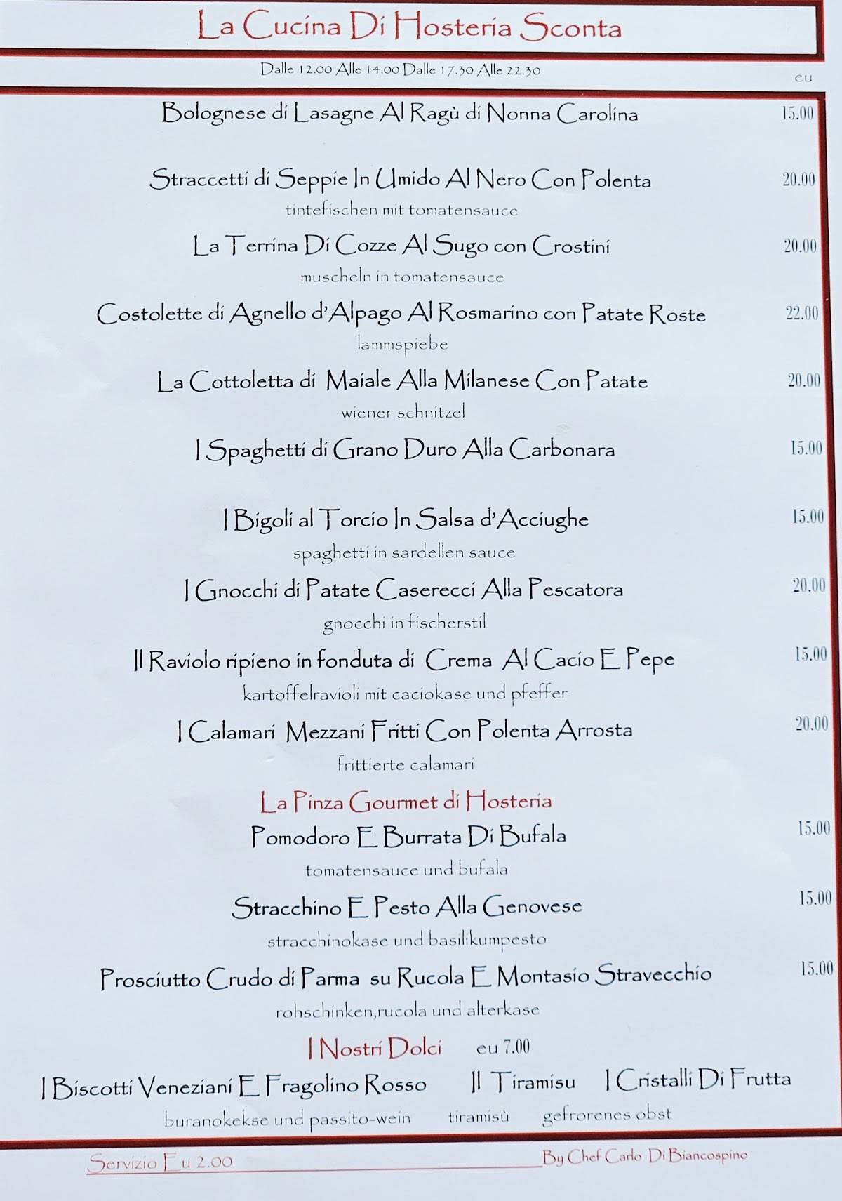Menu di Hosteria Sconta Biancospino 