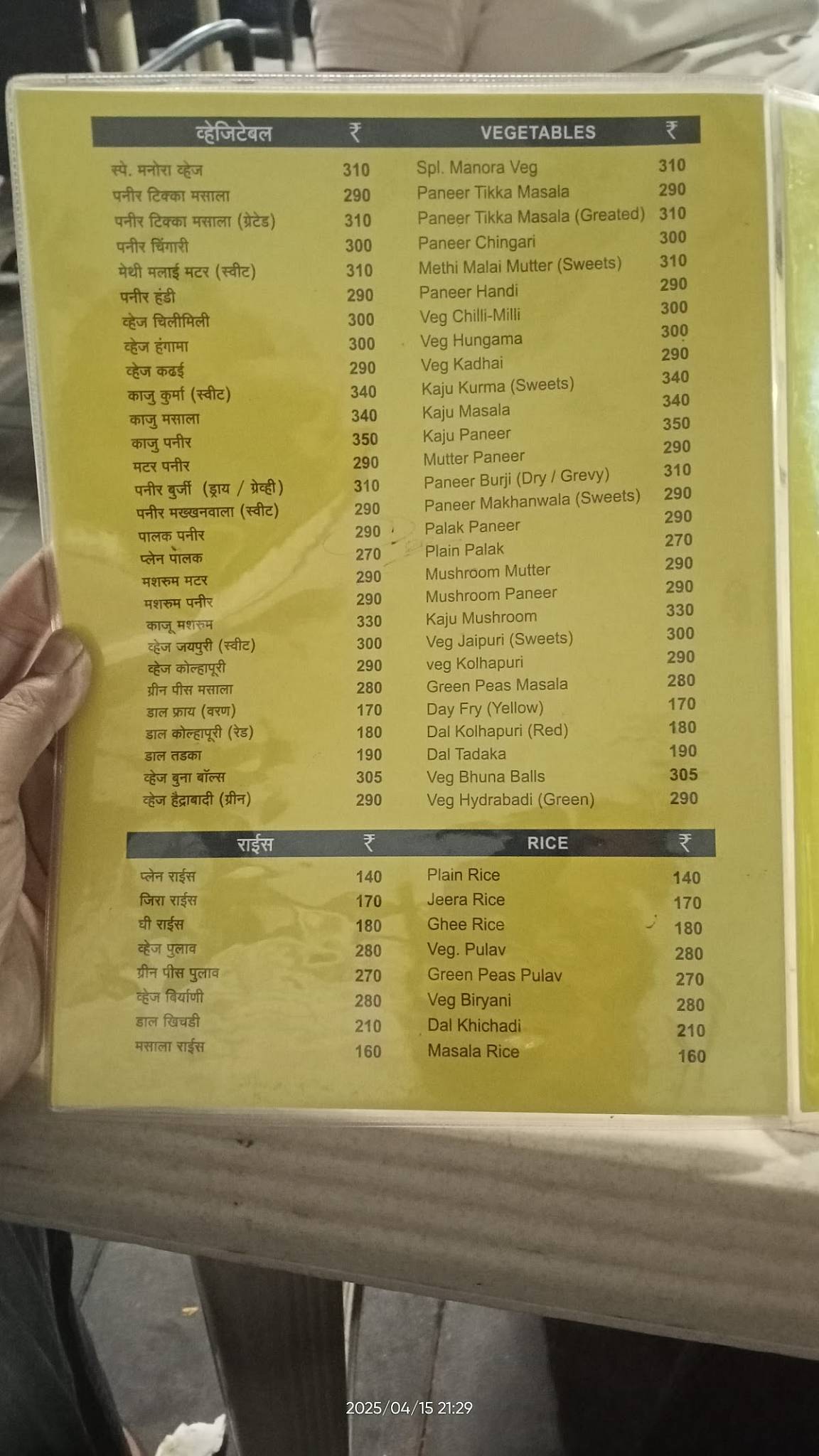 Hotel Manora menu