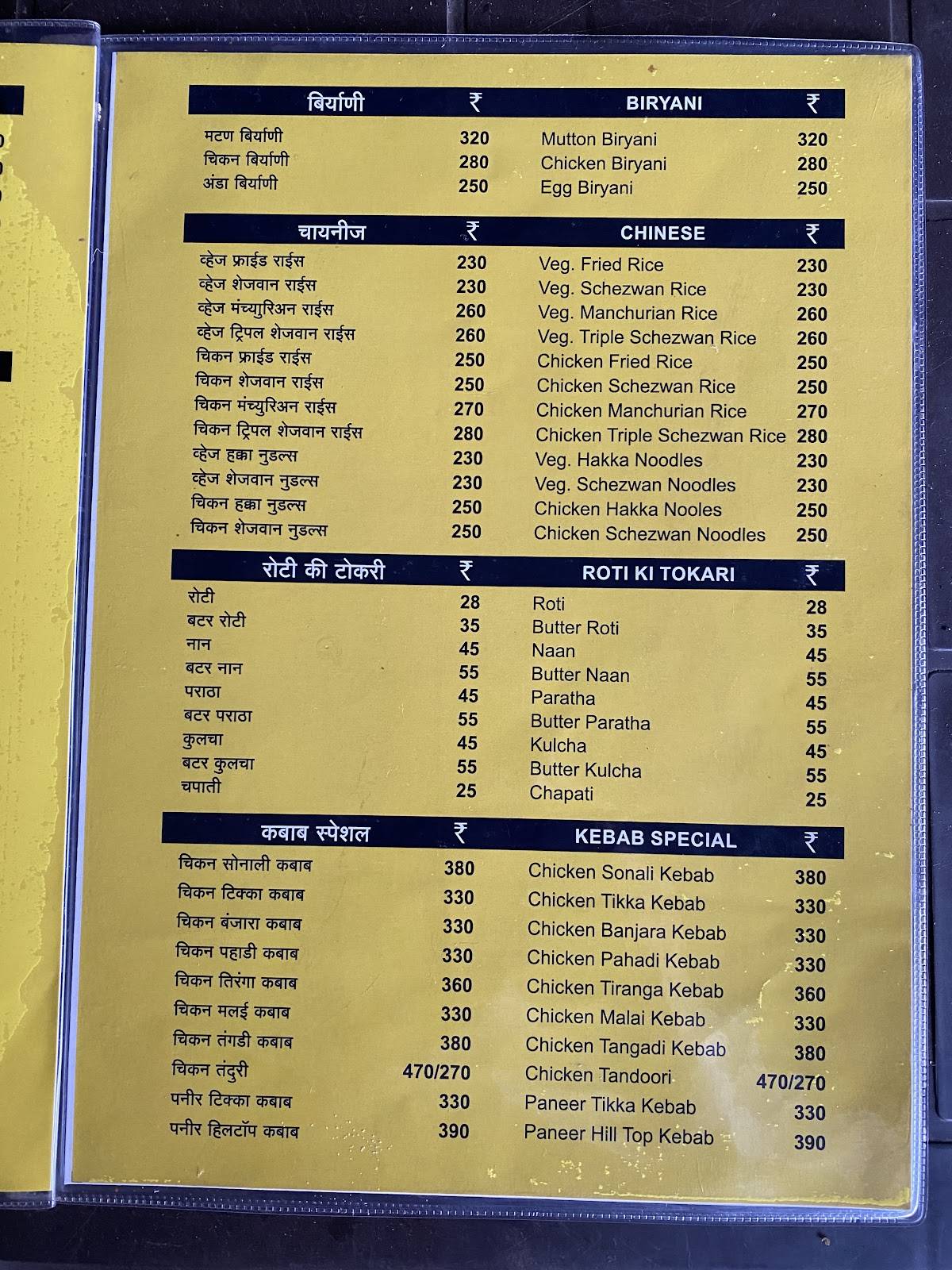 Hotel Manora menu