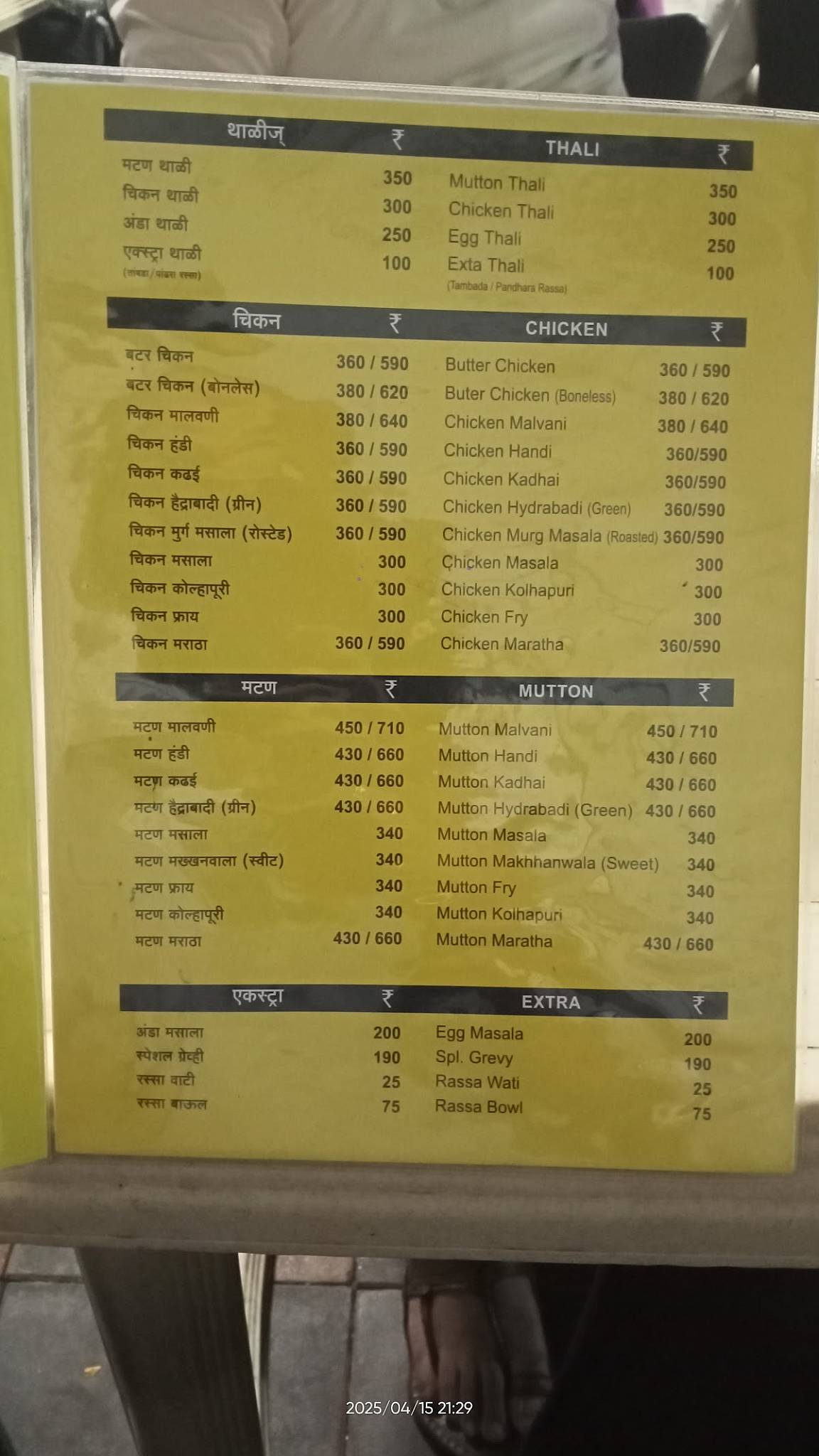 Hotel Manora menu