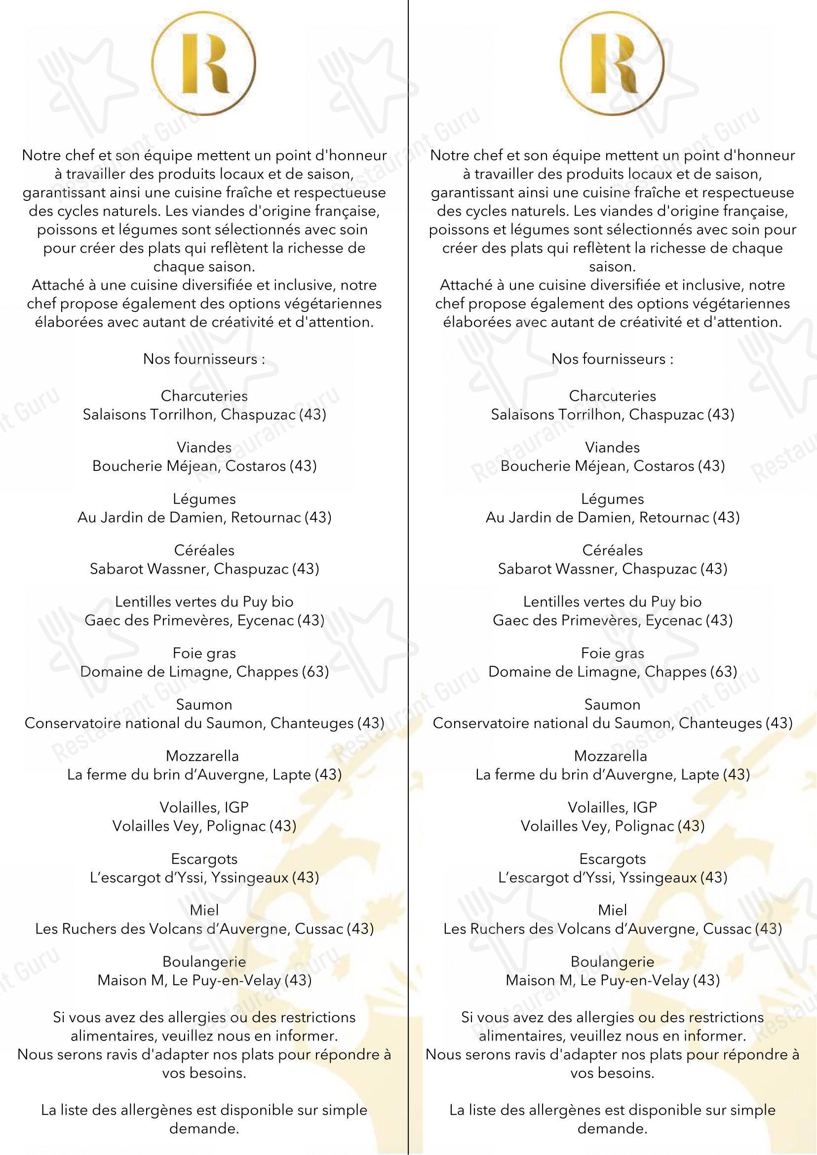 Menu pour Hôtel Le Régina - Le Puy en Velay dans Le Puy-en-Velay