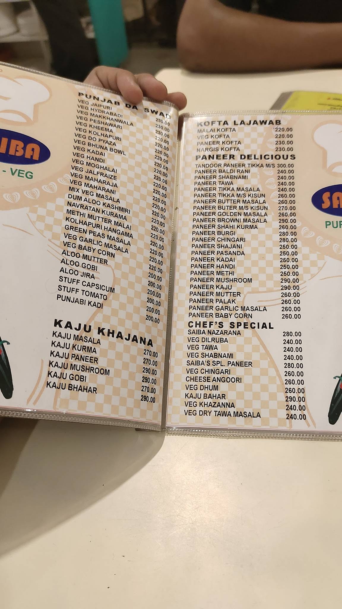 Hotel Saiba menu