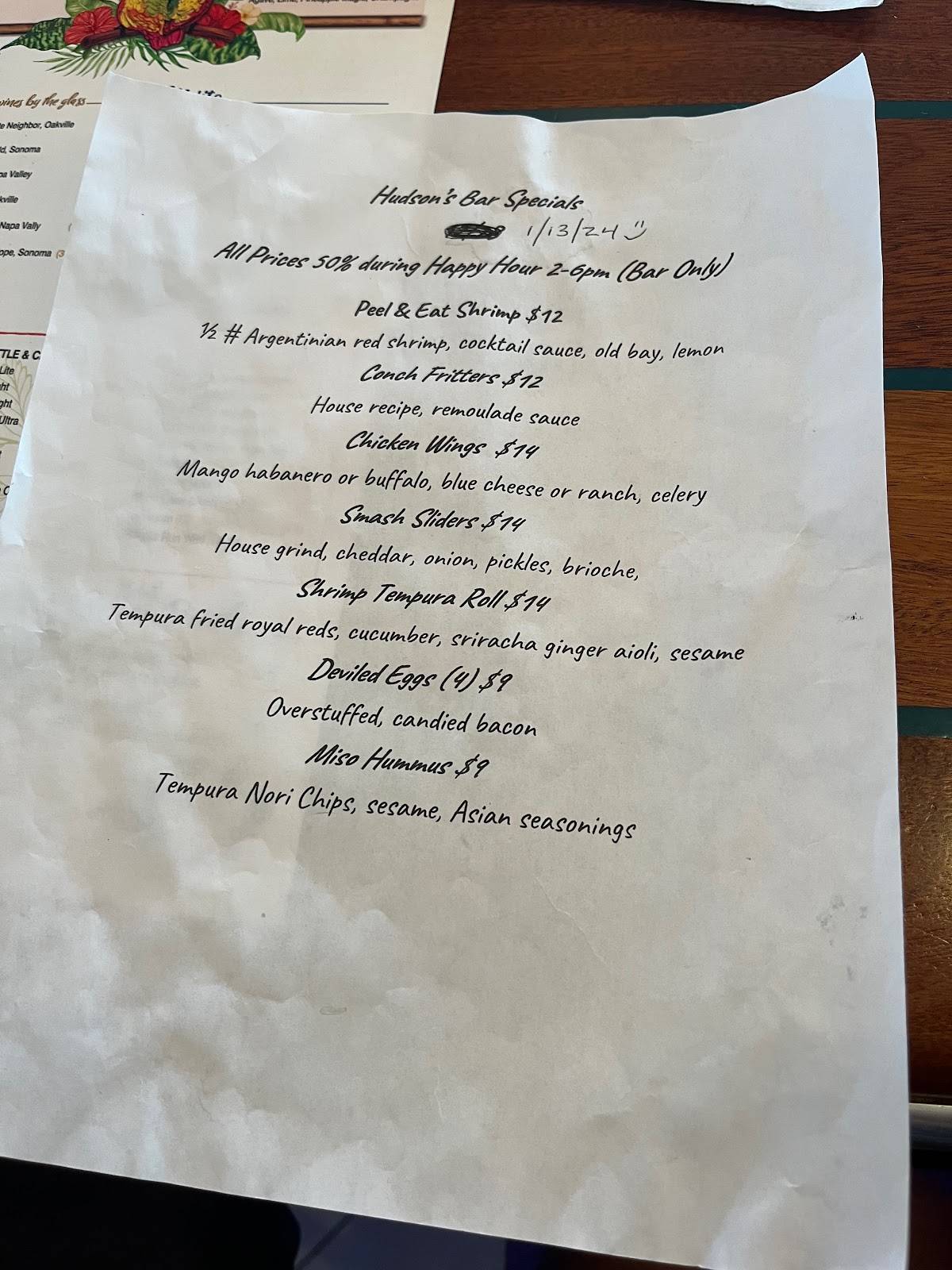 Menu at Hudsons on the River pub & bar, Stuart