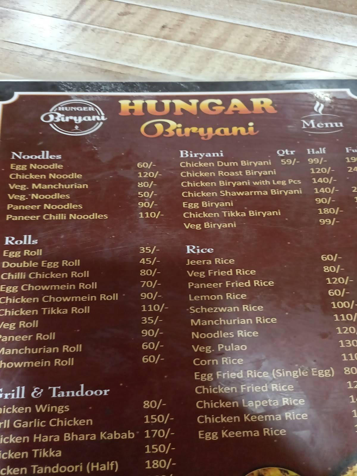 Hunger Biryani menu