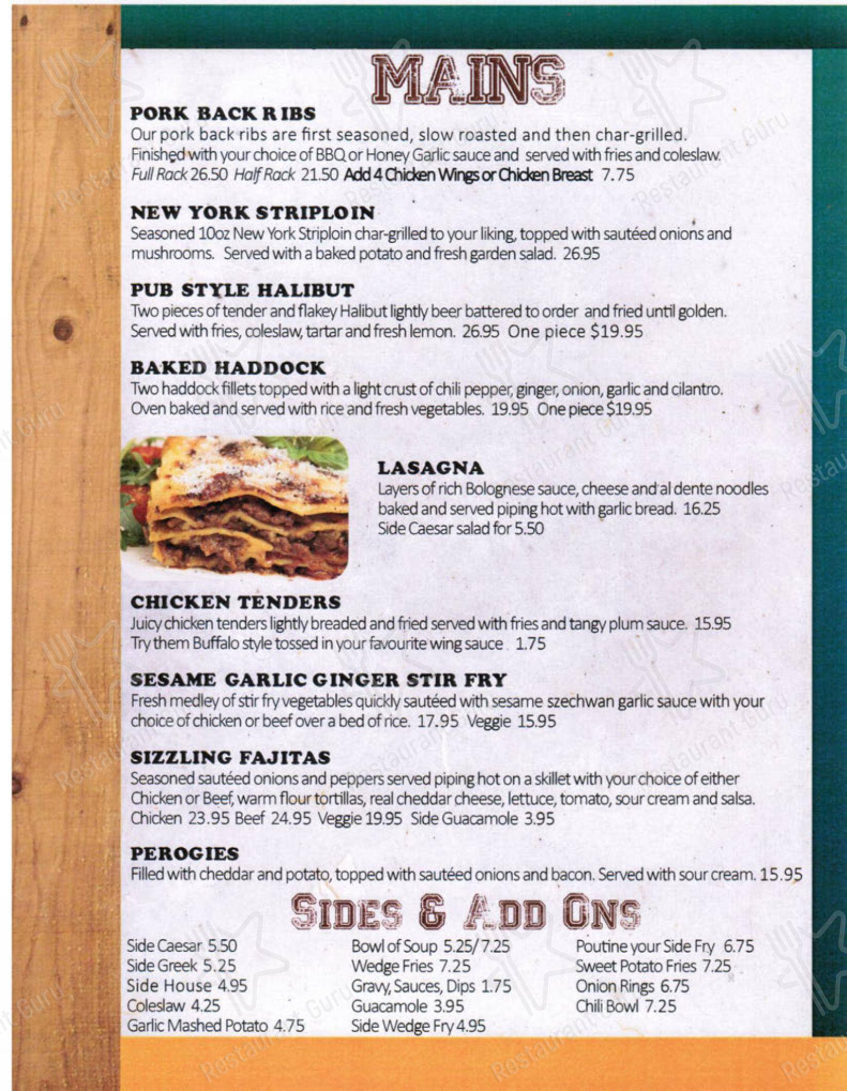 Menu pour Hurricanes pub et bar
