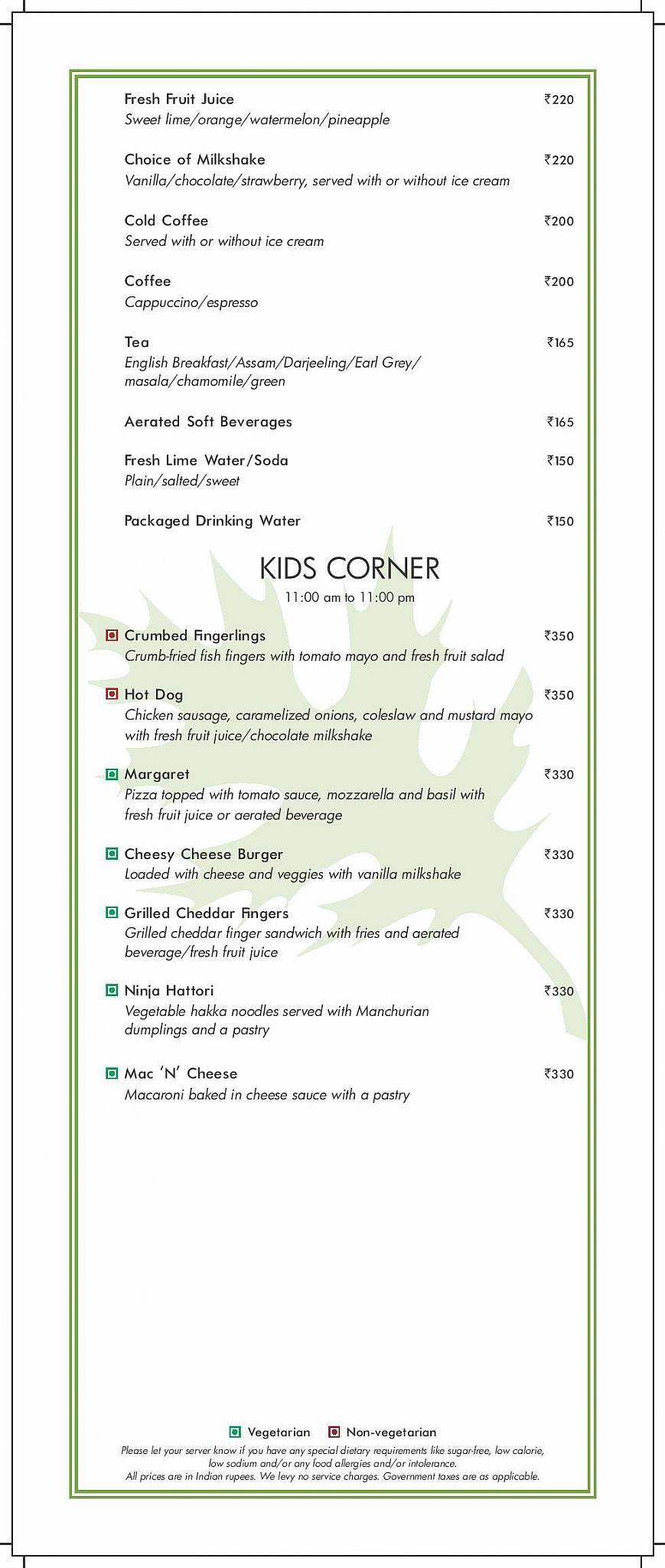 Oakwood Residence Kapil Hyderabad menu