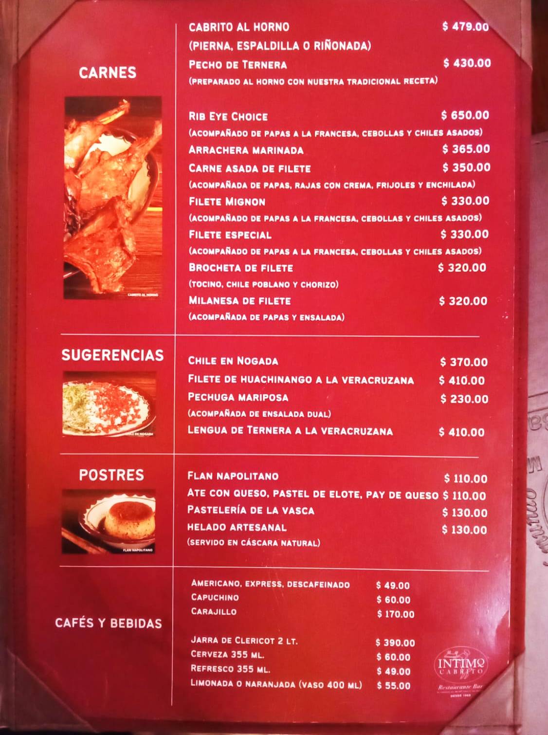 Carta del restaurante Intimo Cabrito, Ocoyoacac