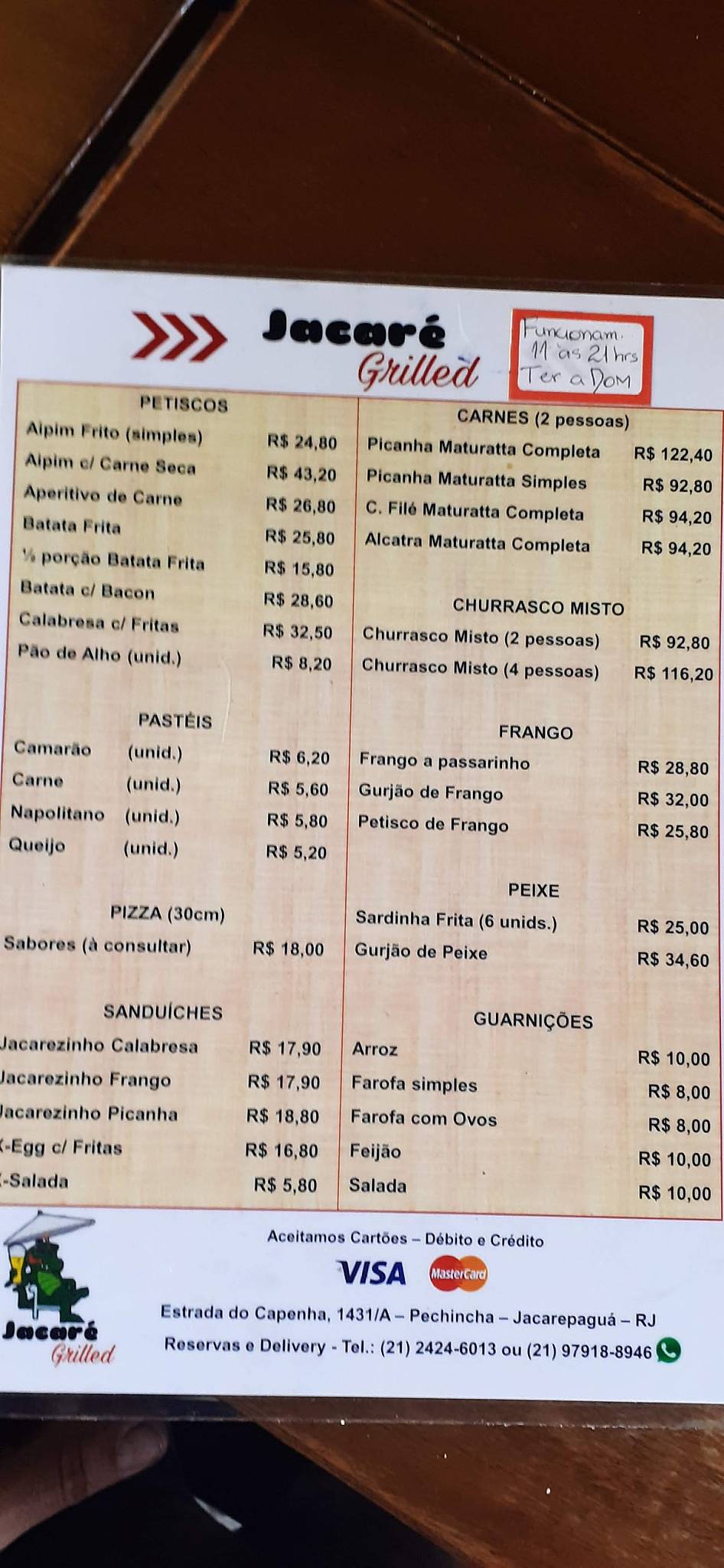 Jacaré Grill cardápio
