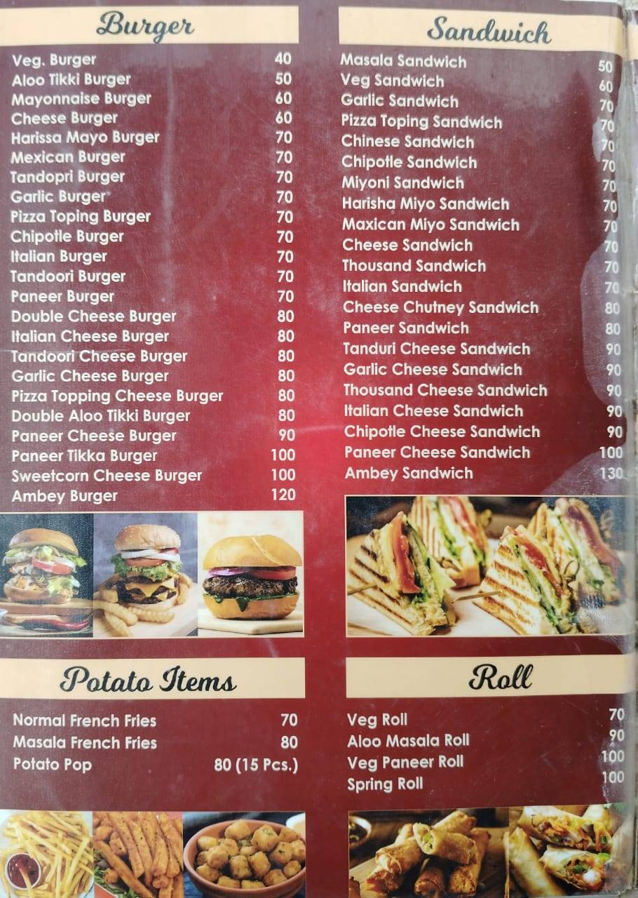 Jai Ambe burger centre menu