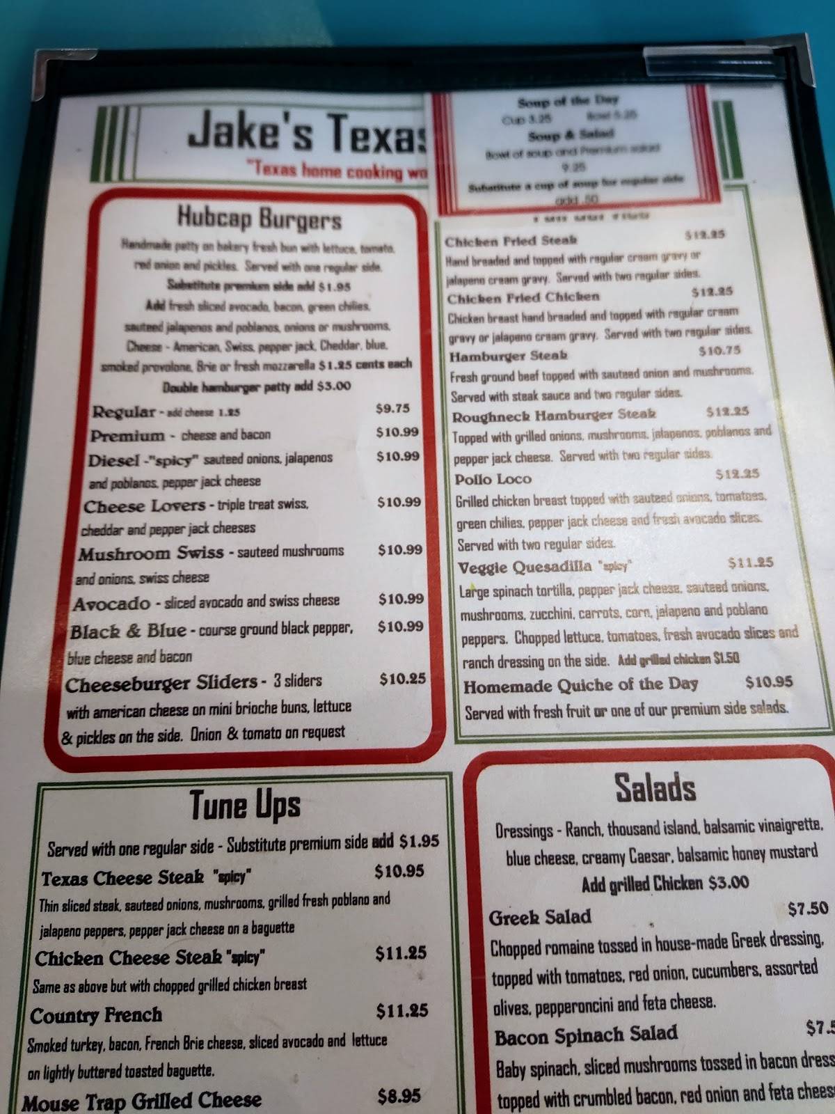 Menu at Jakes Texas Tea House restaurant, Waco