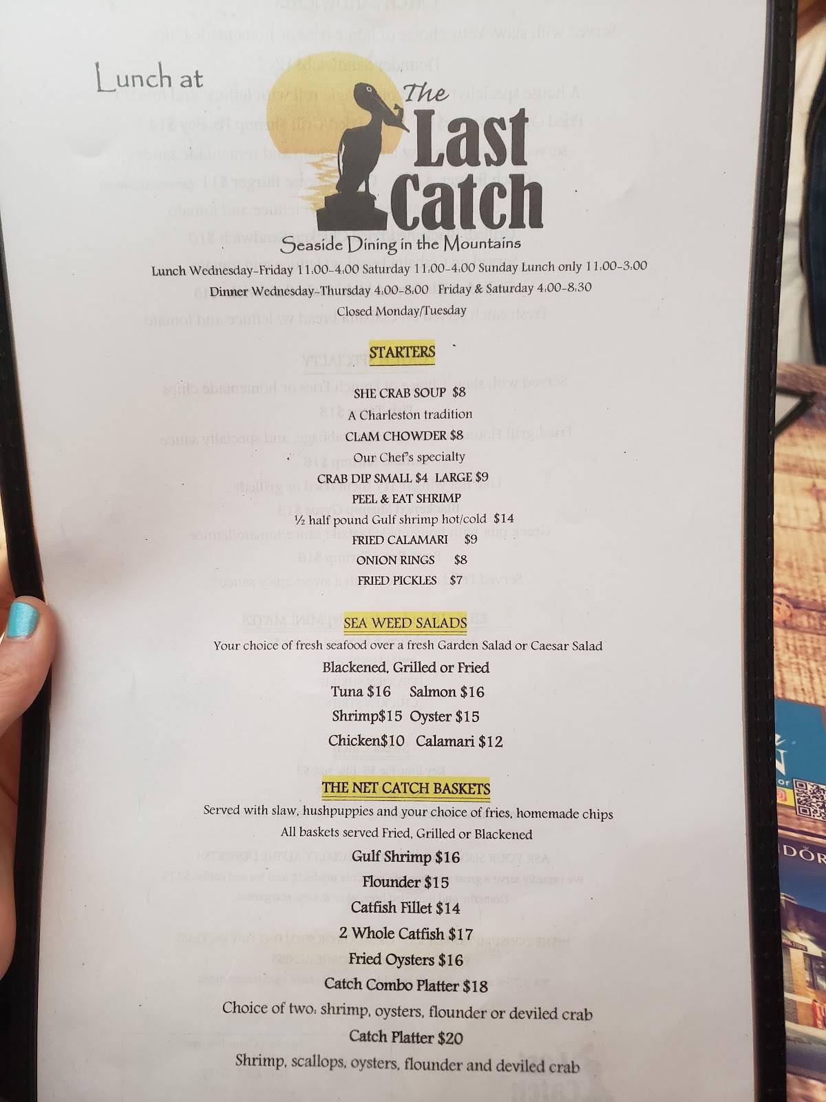 Menu at Last Catch restaurant, Jasper