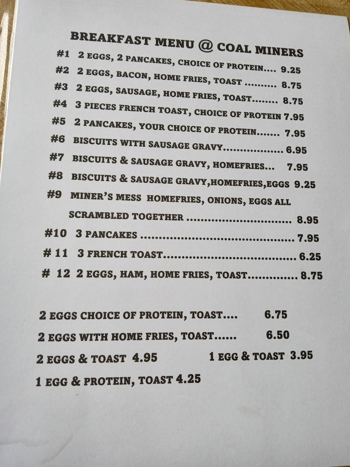 Menu at Coal Miner's Diner restaurant, Jennerstown