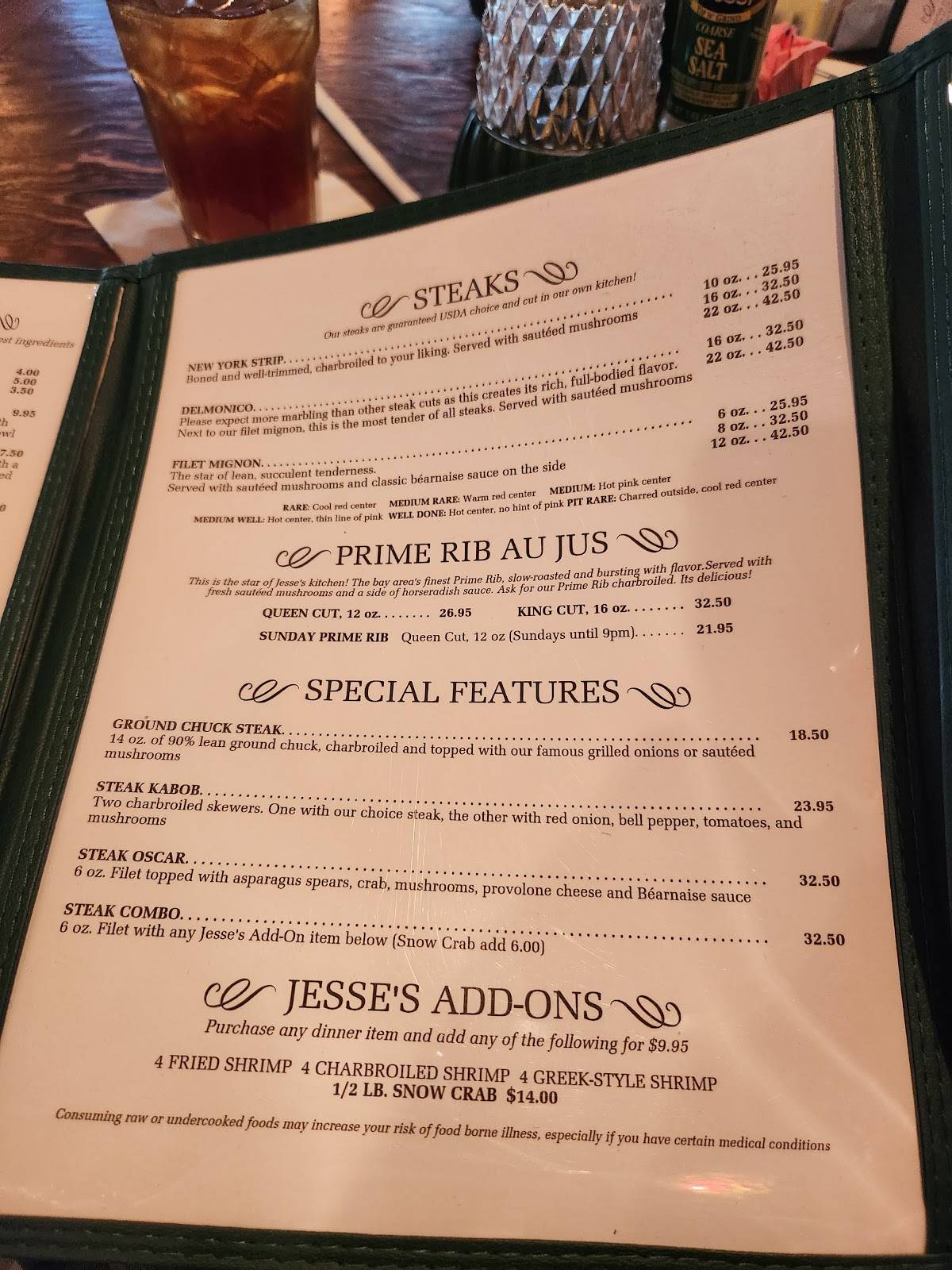 Menu at Jesse's Steak and Seafood steakhouse, Brandon