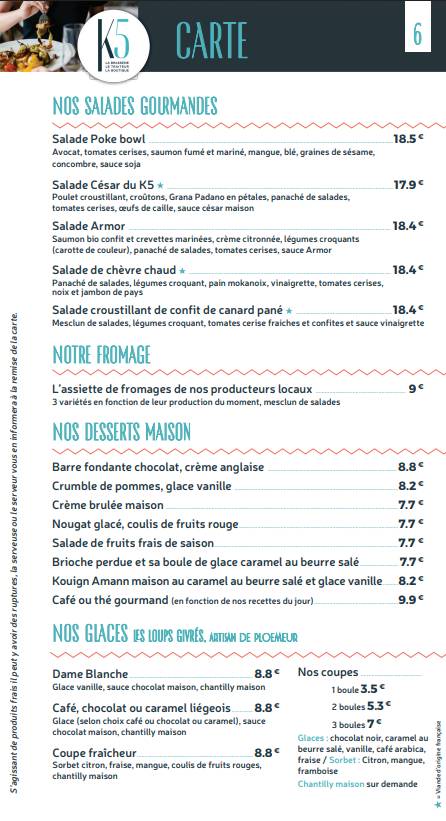 Menu de K5 Bar Brasserie