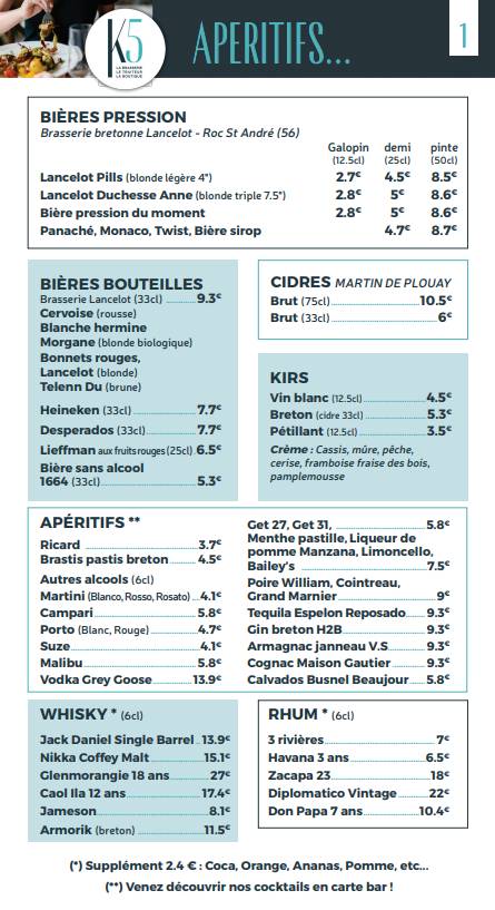 Menu de K5 Bar Brasserie