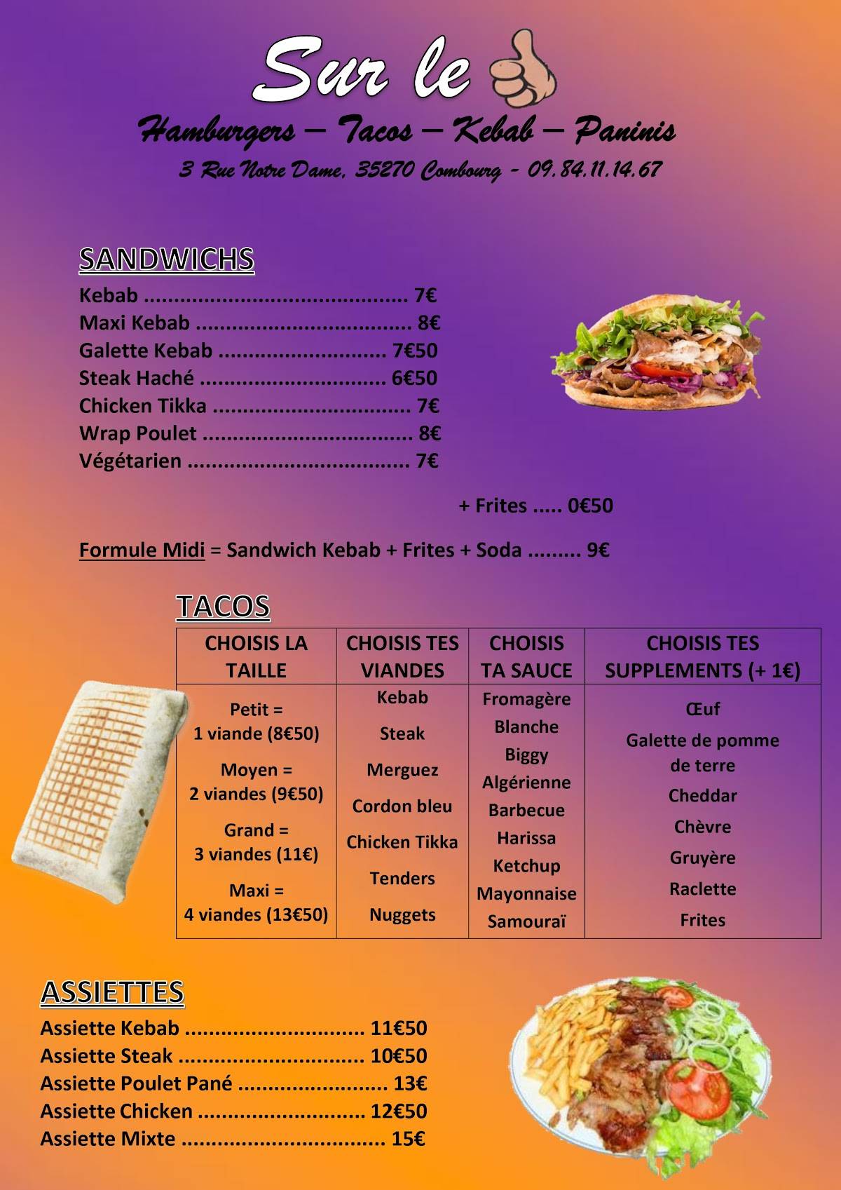 Menu de KEBAB Sur le Pouce Combourg