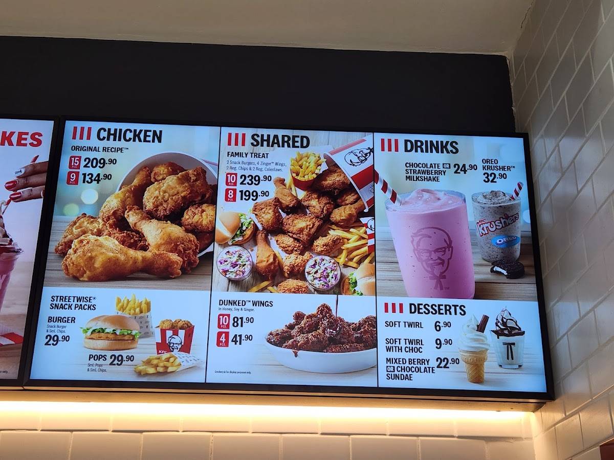 Menu at KFC Gateway Food Court restaurant, Umhlanga, 1 Palm Blvd