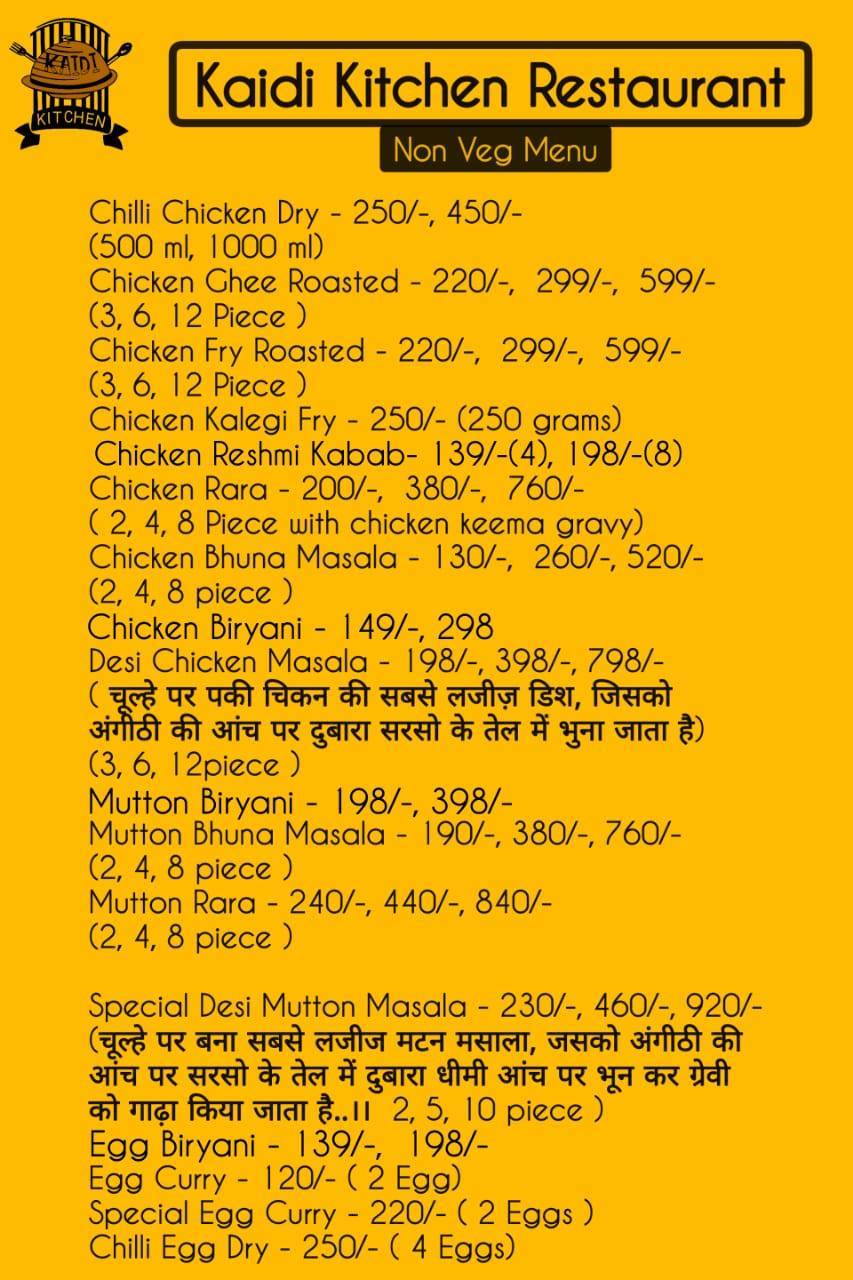 Kaidi Kitchen Restaurant menu