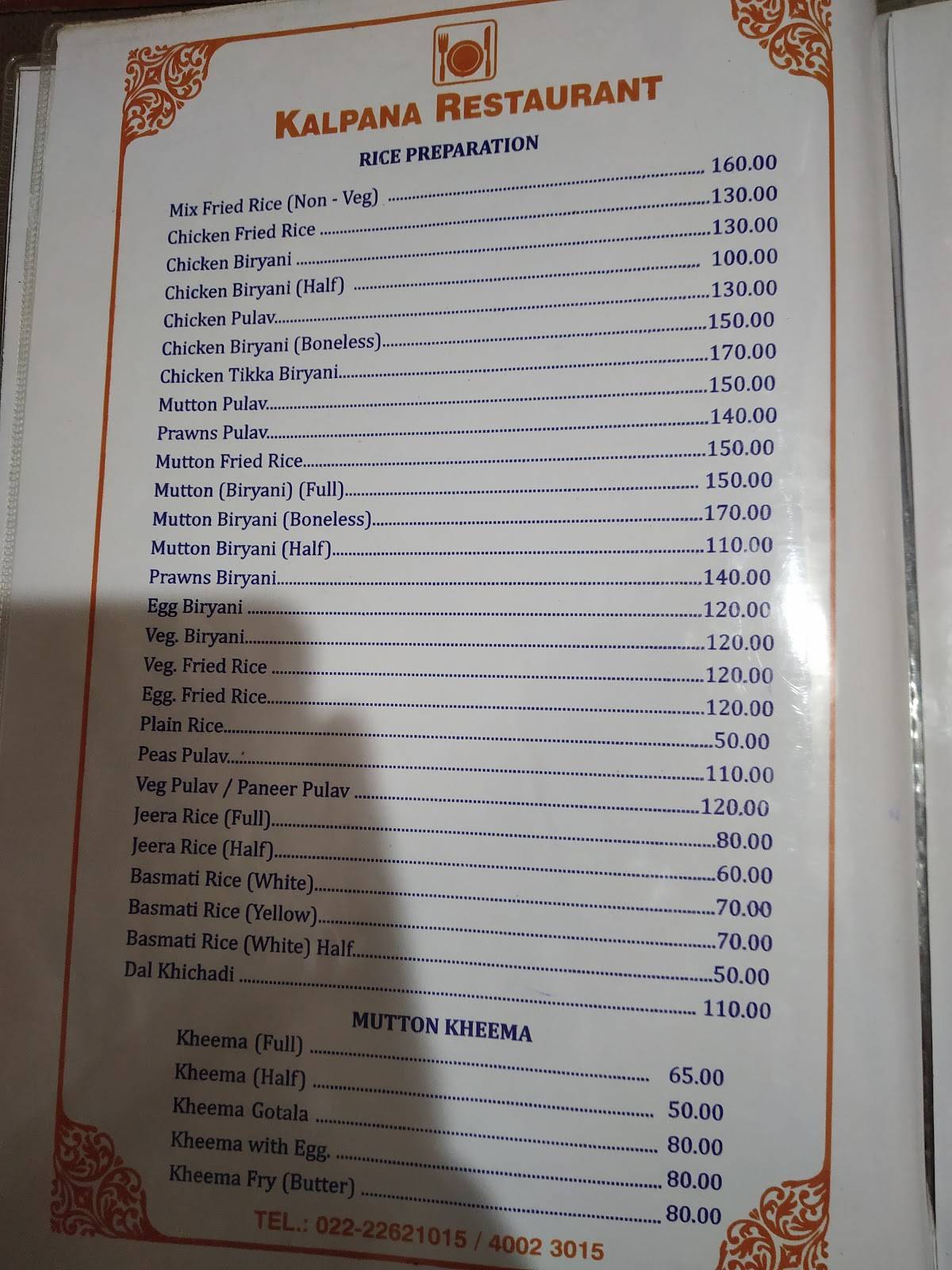 Kalpana Restaurant menu