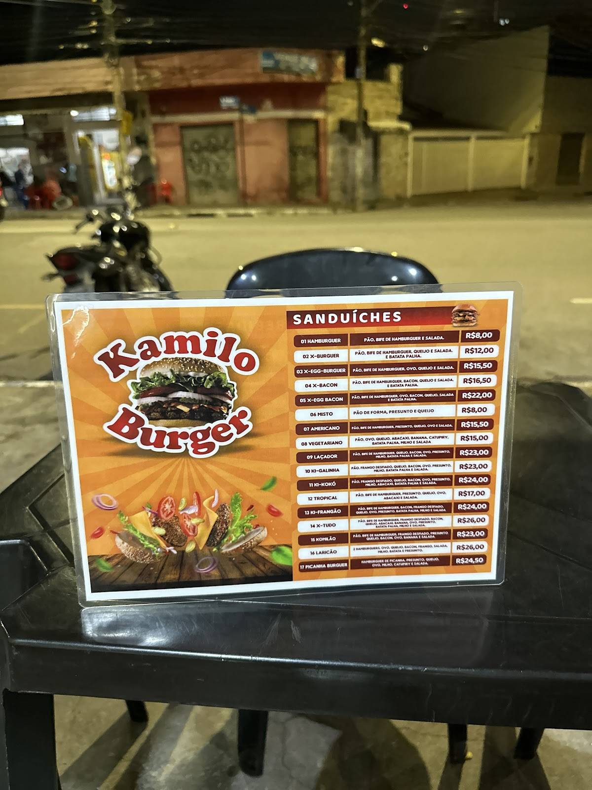 Kamilo Burguer cardápio