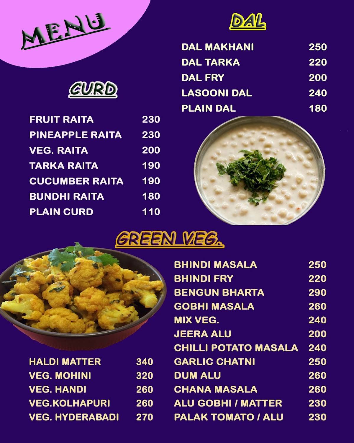 Kanishka Restaurant menu