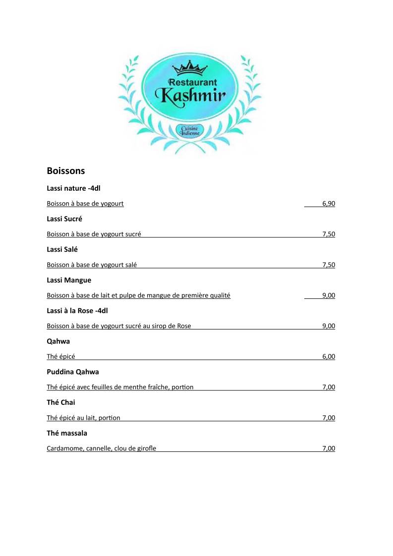 Menu di Kashmir Restaurant Vevey 